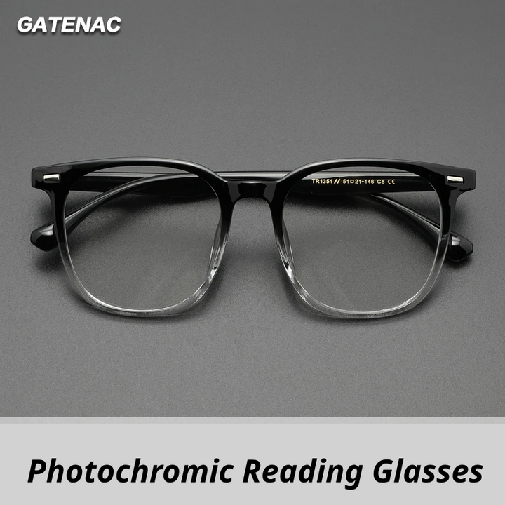 Gatenac Unisex Full Rim Square Tr 90 Titanium Photochromic Reading Glasses G61351
