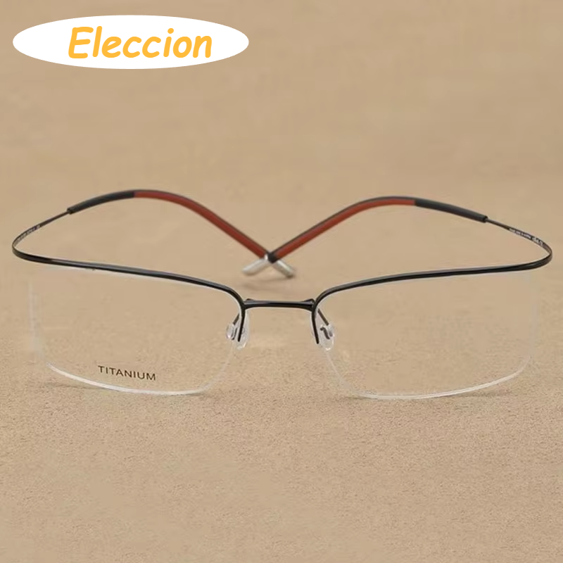 Eleccion Unisex Semi Rim Square Brow Line Titanium Eyeglasses 75296 Semi Rim Brightzone Black