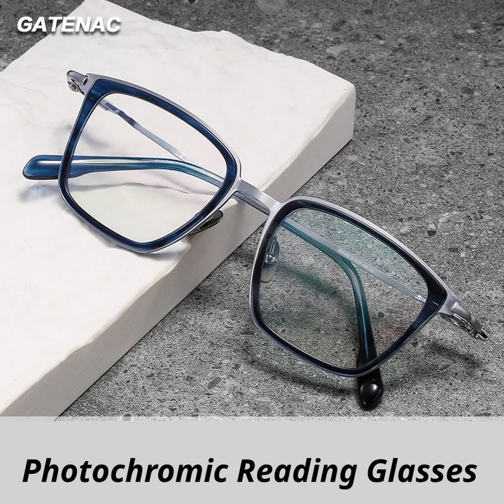 Gatenac Unisex Full Rim Big Square Titanium Acetate Photochromic Reading Glasses 570055