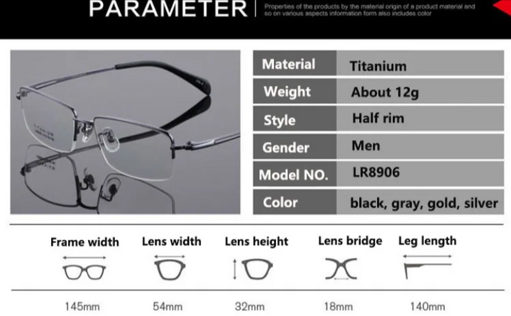 Bclear Men's Semi Rim Square Titanium Eyeglasses 89064