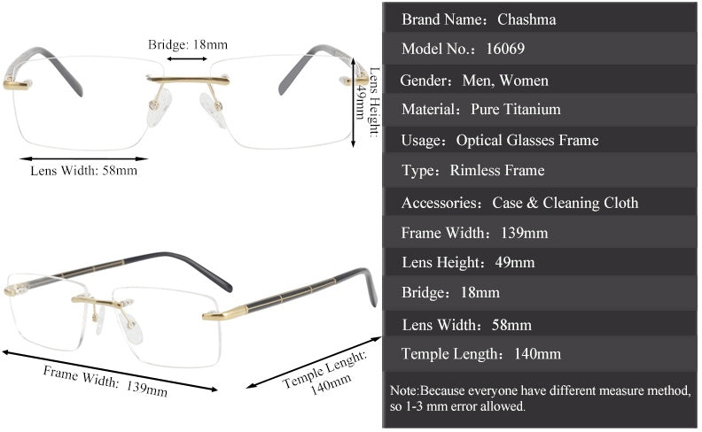 Chashma Ottica Unisex Rimless Square Titanium Eyeglasses 16069 — view 1 | Chashma Ottica at FuzWeb