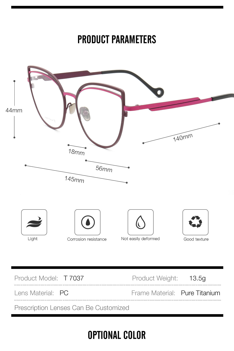Muzz Womens Full Rim Square Cat Eye Titanium Frame Eyeglasses T7037 — view 1 | Muzz at FuzWeb
