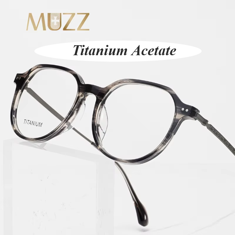 Muzz Men's Full Rim Flat Top Oval Acetate Titanium Eyeglasses 85298 Full Rim Muzz
