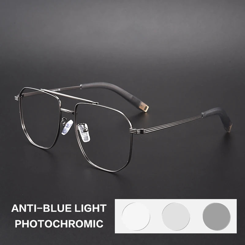 Gatenac Unisex Full Rim Square Double Bridge Titanium Photochromic Reading Glasses 760942.