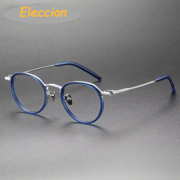 Eleccion Unisex Full Rim Round Titanium Acetate Eyeglasses 94243 Full Rim Eleccion Blue - Silver