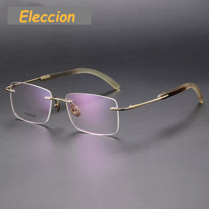 Eleccion Unisex Rimless Square Titanium Eyeglasses Horn Temples 44029