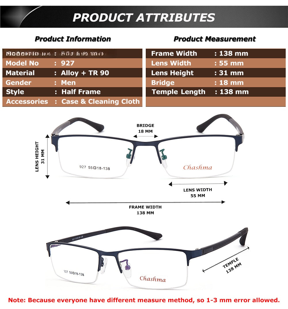 Chashma Ottica Men's Semi Rim Square Tr 90 Alloy Eyeglasses 927.