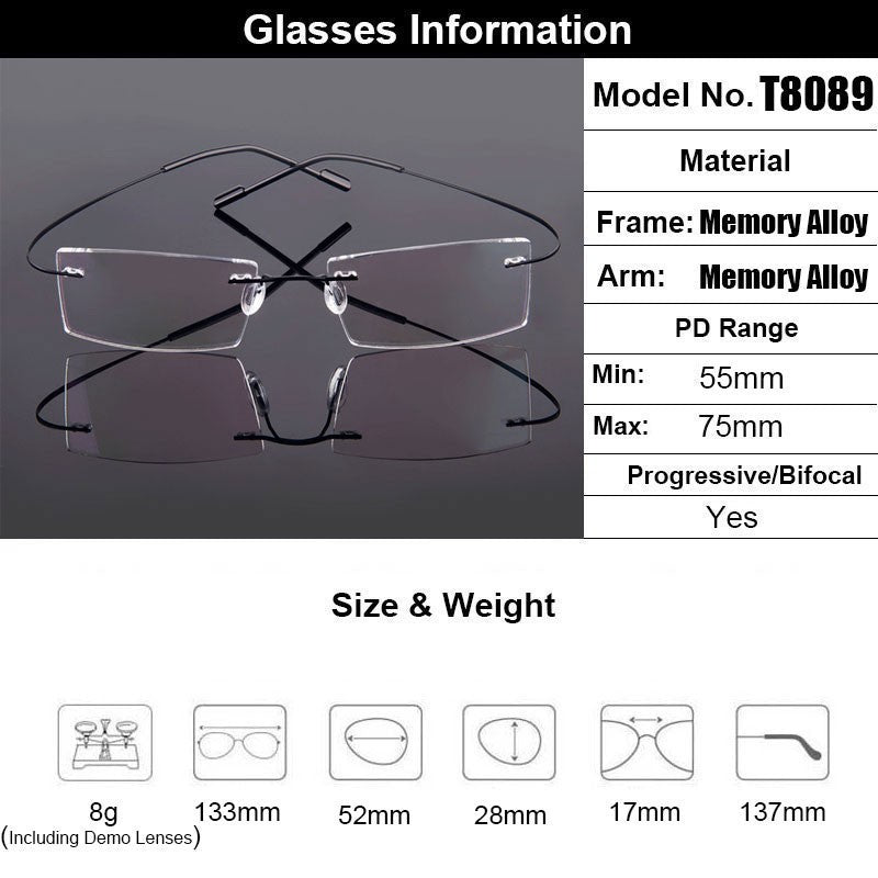 Gmei Mens Eyeglasses Rimless Alloy 9 Colors T8089 — view 1 | Gmei Optical at FuzWeb