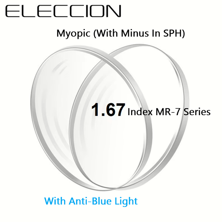 Eleccion Single Vision 1.67 Index MR-7 Anti Blue Clear Lenses Lenses Eleccion Lenses Myopic (With Minus Sign In SPH)