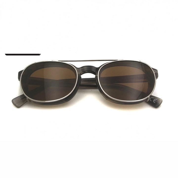 Esnbie Unisex Full Rim Oval Acetate Eyeglasses Clip On Sunglasses 1085 - gray-brown
