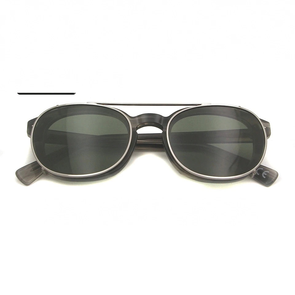 Esnbie Unisex Full Rim Oval Acetate Eyeglasses Clip On Sunglasses 1085 - gray-green
