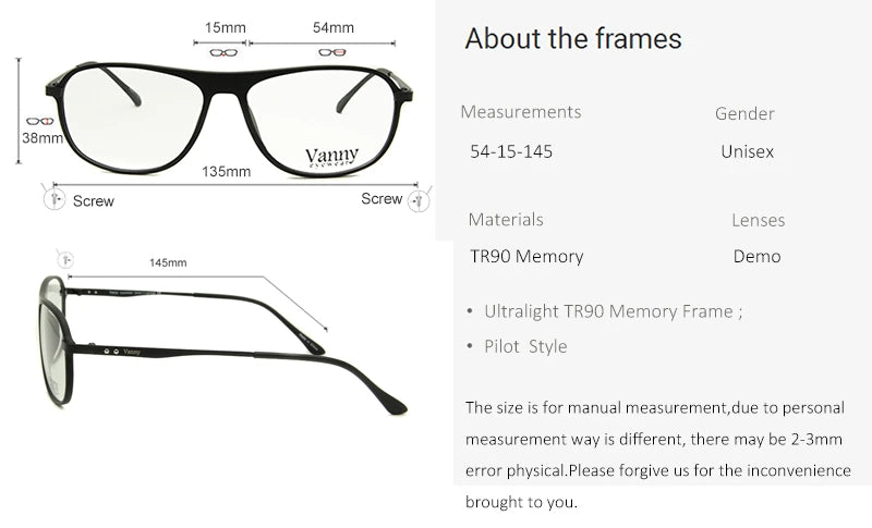 Esnbie Unisex Full Rim Oval Square Tr 90 Titanium Eyeglasses 2053 - Size Chart