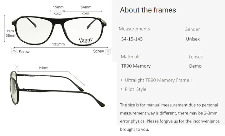 Esnbie Unisex Full Rim Oval Square Tr 90 Titanium Eyeglasses 2053 - Size Chart