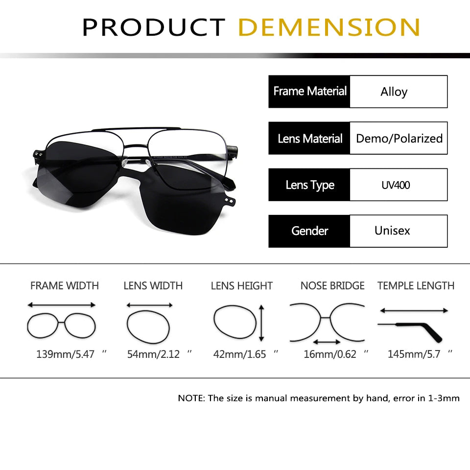 Esnbie Unisex Full Rim Square Alloy Double Bridge Eyeglasses Clip On Sunglasses 20281 - Size Chart