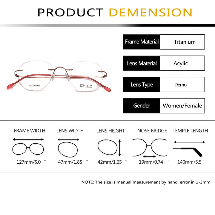 Esnbie Unisex Rimless Oval Round Titanium Eyeglasses 80011 - Size Chart