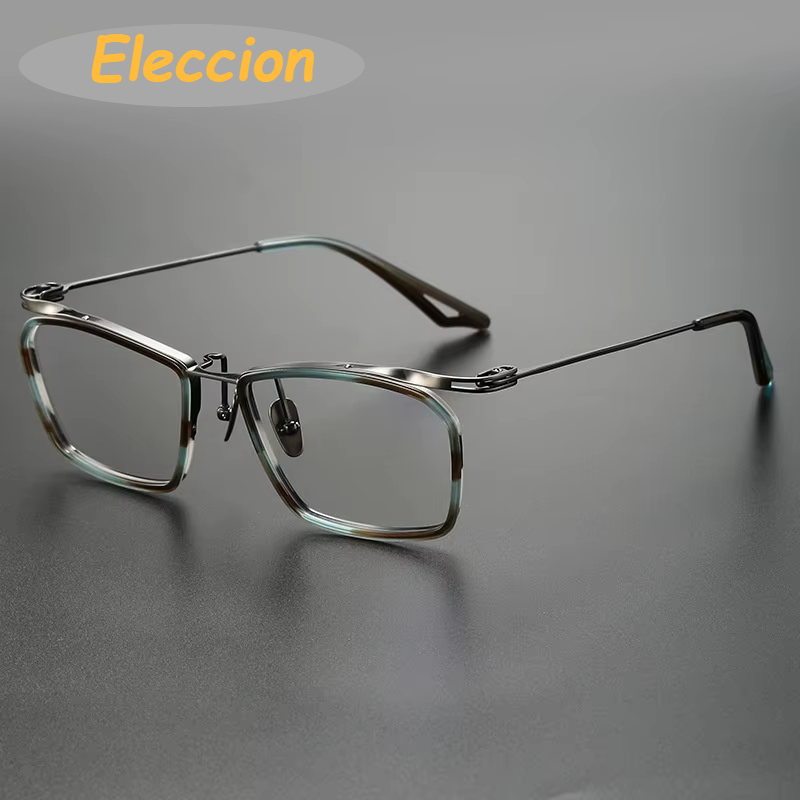 Eleccion Unisex Full Rim Big Square Acetate Titanium Eyeglasses 15055 Full Rim Eleccion Blue - Gray