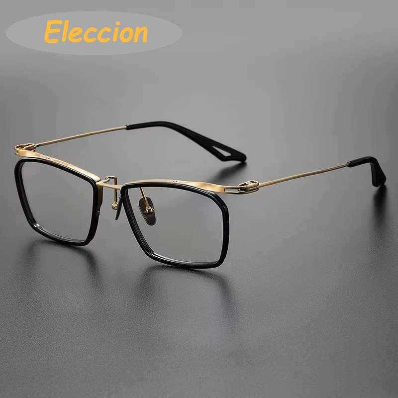 Eleccion Unisex Full Rim Big Square Acetate Titanium Eyeglasses 15055 Full Rim Eleccion Black - Gold