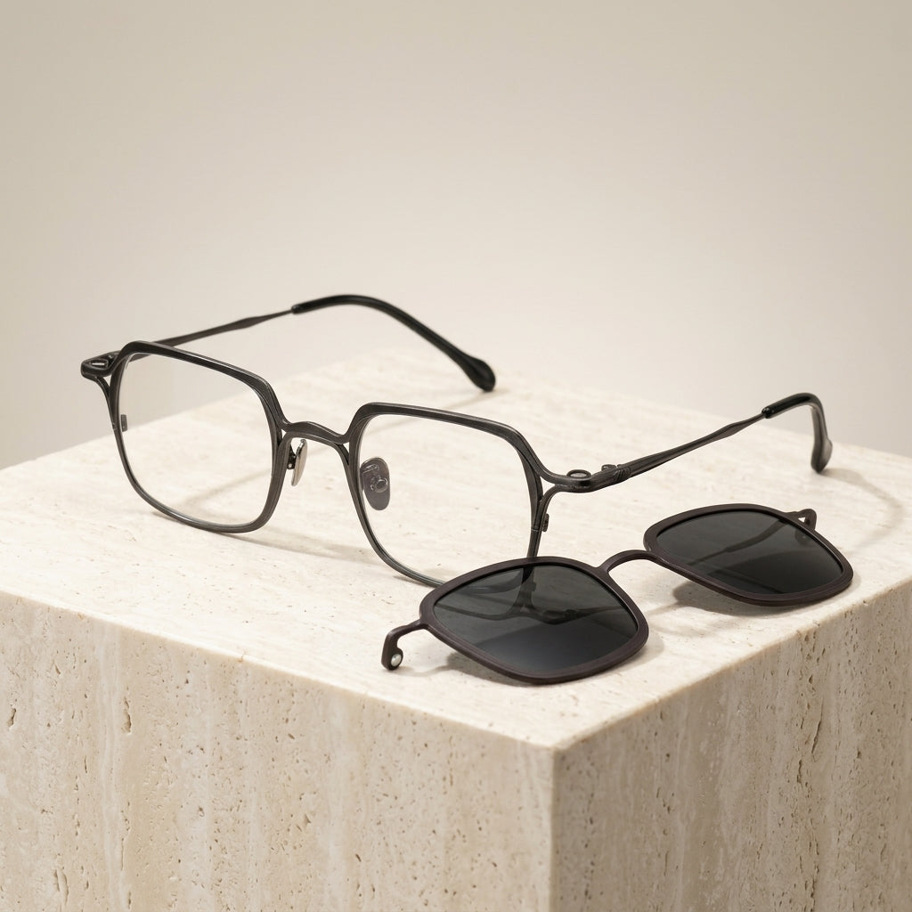 Chashma Ottica Unisex Full Rim Square Titanium Eyeglasses Clip On Sunglasses 415969 - Gray-Gray Clip