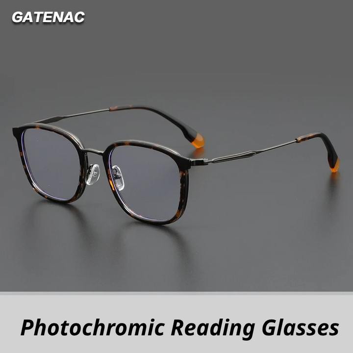 Gatenac Unisex Full Rim Square Tr 90 Titanium Photochromic Reading Glasses G00388