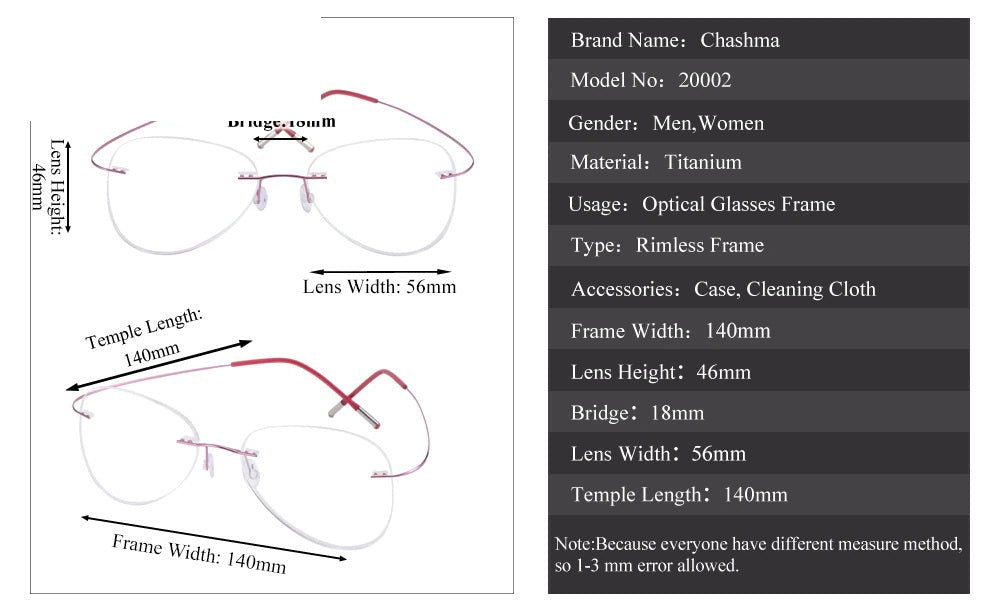 Chashma Ottica Unisex Rimless Irregular Oval Titanium Eyeglasses 20002