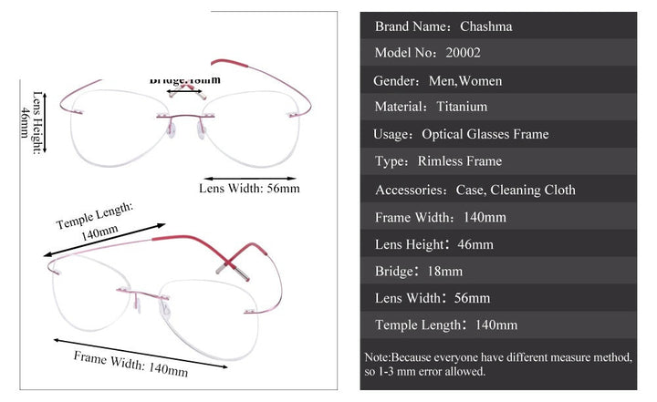 Chashma Ottica Unisex Rimless Irregular Oval Titanium Eyeglasses 20002