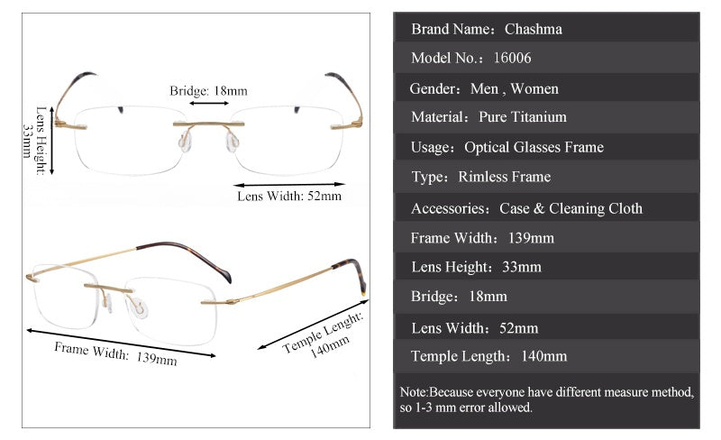 Chashma Unisex Rimless Square Titanium Eyeglasses 816006 — view 2 | Chashma at FuzWeb
