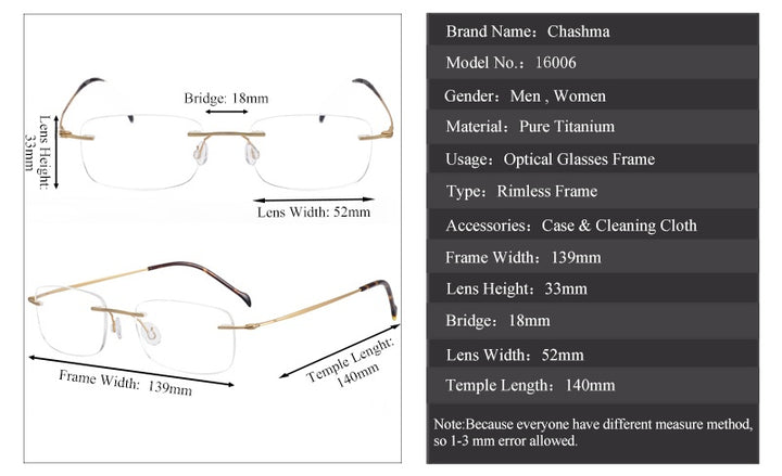 Chashma Unisex Rimless Square Titanium Eyeglasses 816006 — view 2 | Chashma at FuzWeb