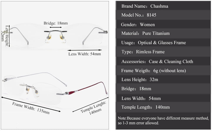 Chashma Ottica Womens Rimless Oval Titanium Eyeglasses 81454 — view 1 | Chashma Ottica at FuzWeb