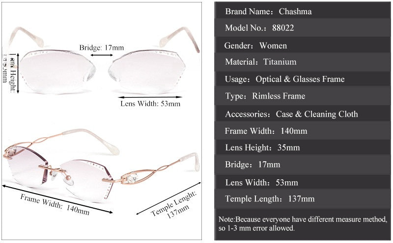 Chashma Ottica Womens Rimless Square Oval Titanium Eyeglasses 988022 — view 1 | Chashma Ottica at FuzWeb