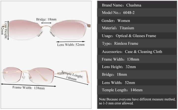 Chashma Womens  Rimless Square Titanium Eyeglasses 6048 — view 3 | Chashma at FuzWeb