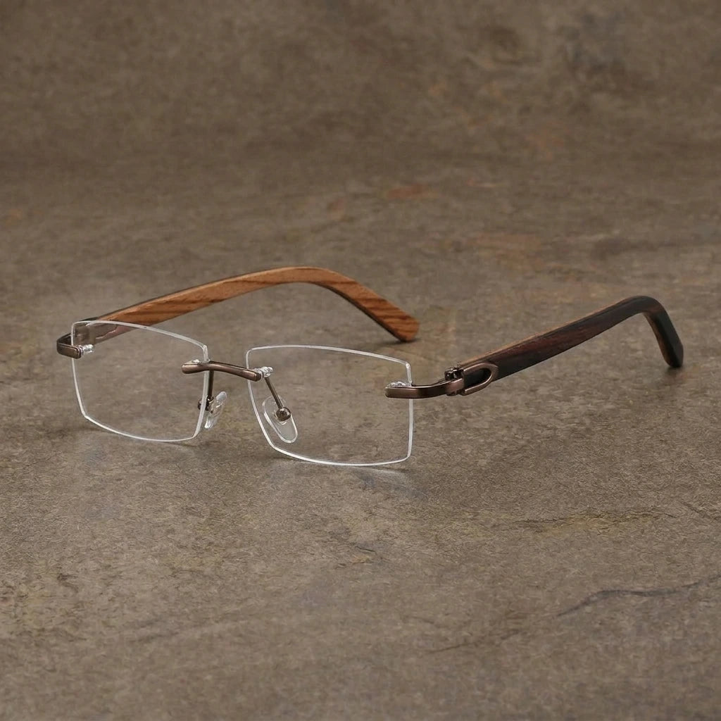 Aimee Men's Rimless Square Titanium Wood Eyeglasses XK — view 2 | Aimee at FuzWeb