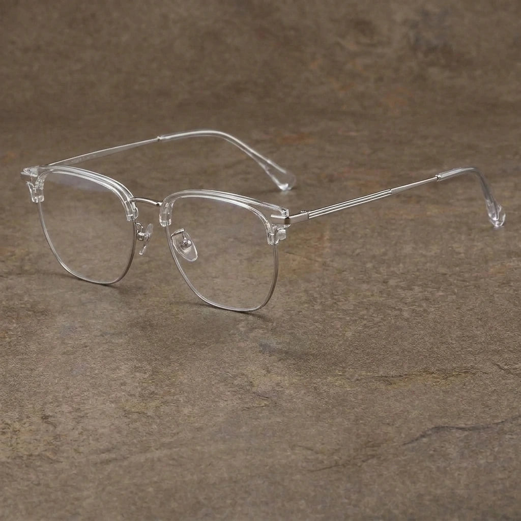 Bclear Unisex Semi-Rim Cat Eye TR90 Titanium Eyeglasses 1599 — Transparent silver — view 2 | Bclear at FuzWeb