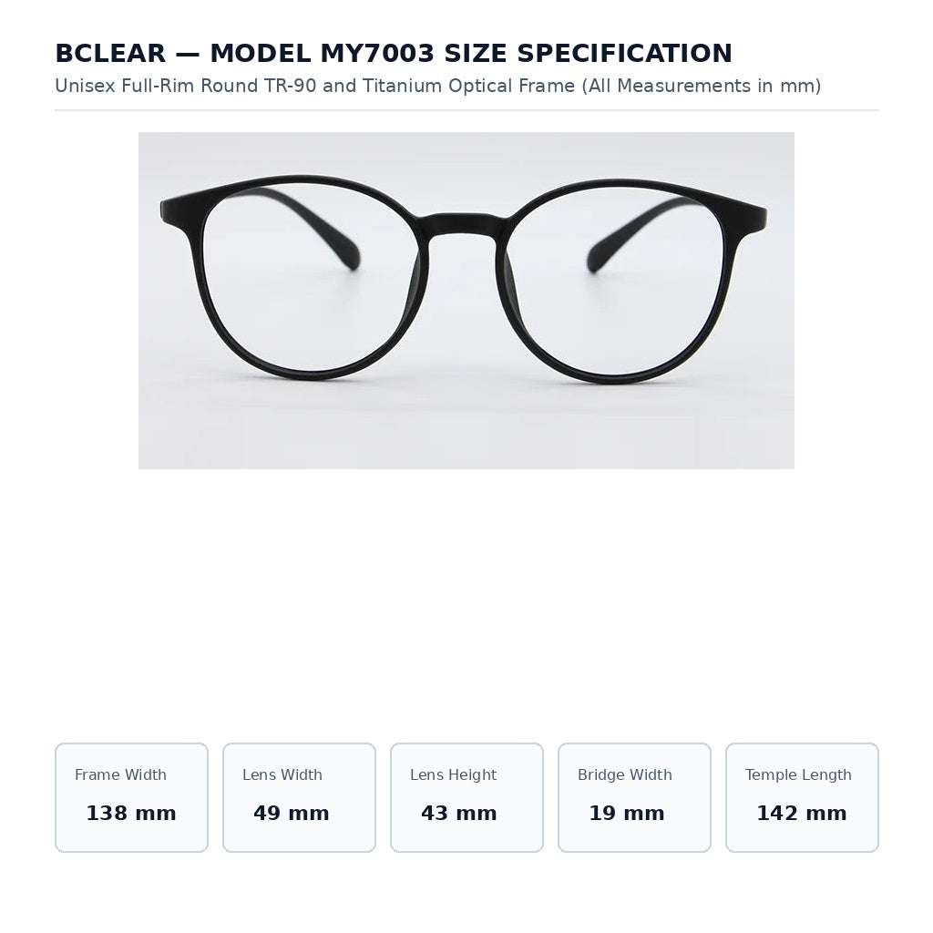Bclear My7003 Eyeglasses — Frame Dimensions and Sizing Chart