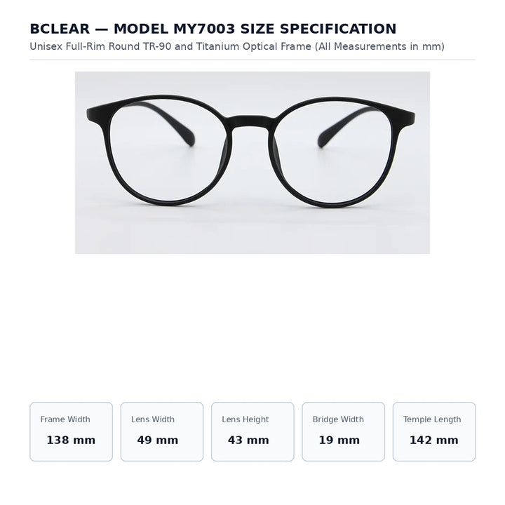 Bclear My7003 Eyeglasses — Frame Dimensions and Sizing Chart