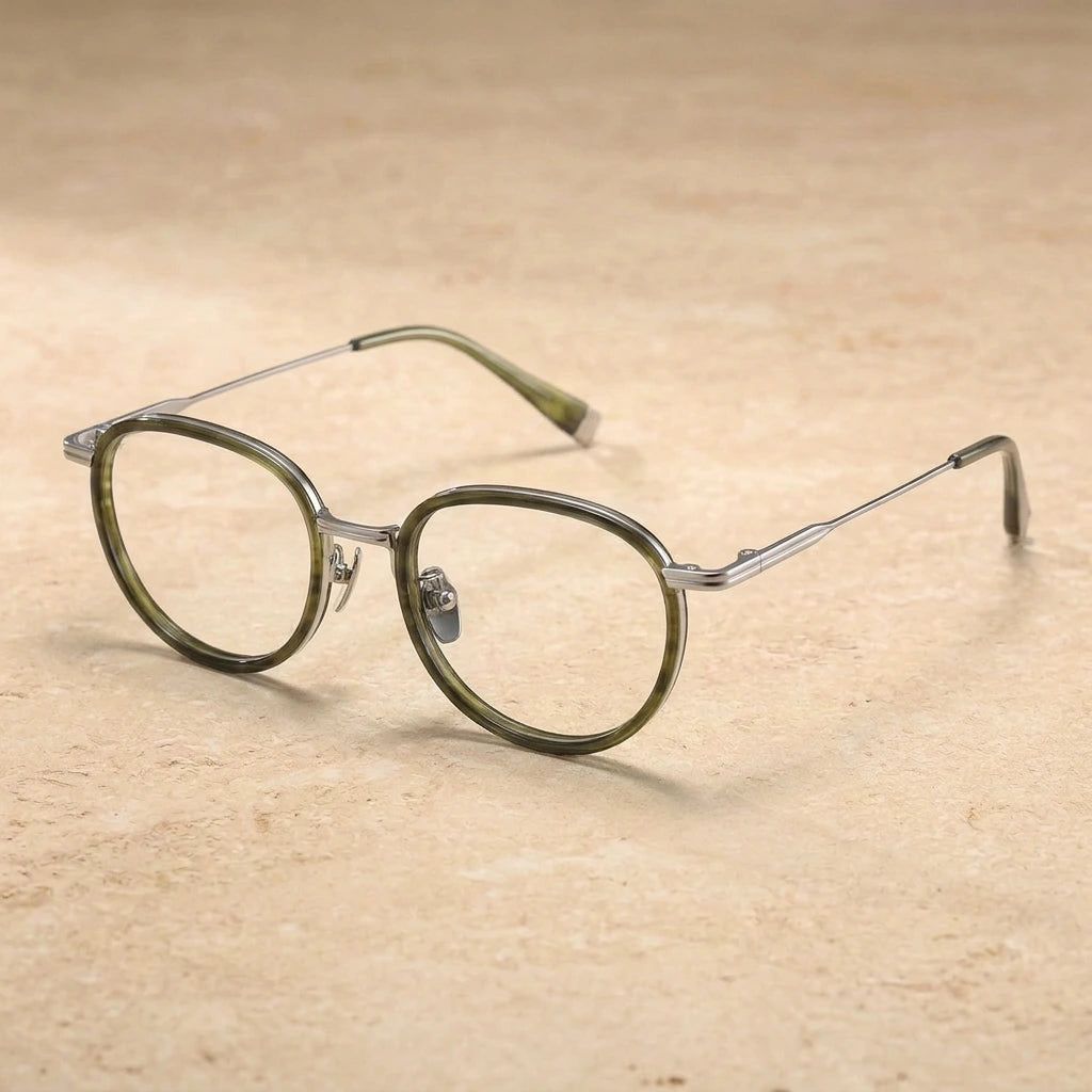 Blackmask Unisex Full Rim Round Titanium Acetate Eyeglasses BM-KJ20 — Green-Silver — view 1 | Blackmask at FuzWeb