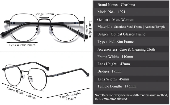 Chashma 1921 Eyeglasses — Frame Dimensions and Sizing Chart