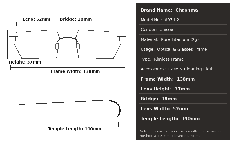 Chashma 6074-2 Eyeglasses — Frame Dimensions and Sizing Chart