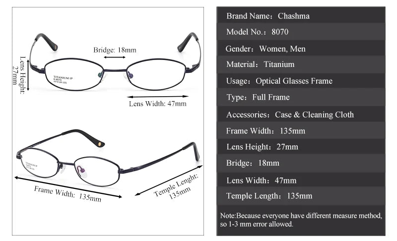 Chashma 8070 Eyeglasses — Frame Dimensions and Sizing Chart