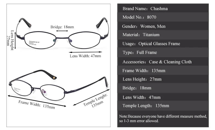 Chashma 8070 Eyeglasses — Frame Dimensions and Sizing Chart