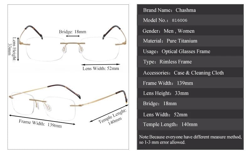 Chashma 816006 Eyeglasses — Frame Dimensions and Sizing Chart