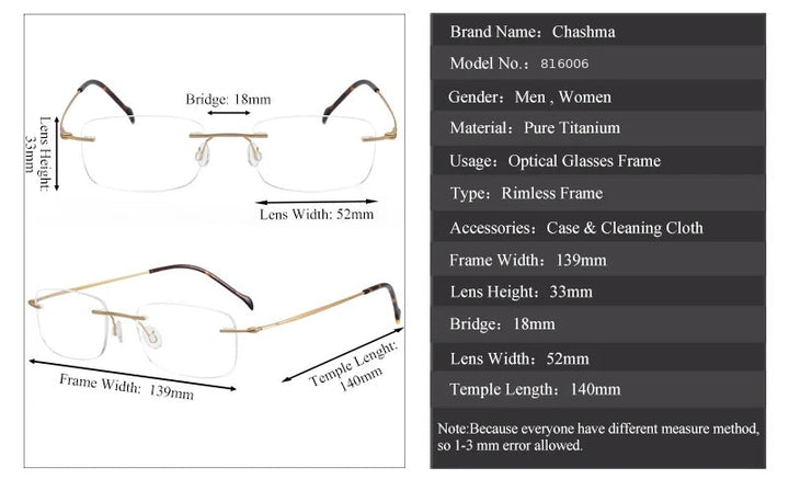 Chashma 816006 Eyeglasses — Frame Dimensions and Sizing Chart