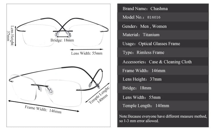Chashma 816016 Eyeglasses — Frame Dimensions and Sizing Chart