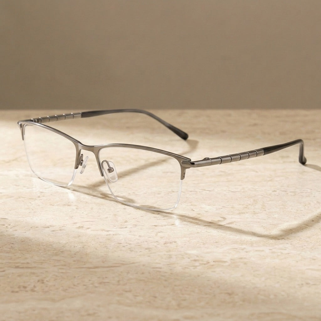 Chashma Men's Semi Rim Polygon Square Titanium Eyeglasses 827061 - Gun — view 1 | Chashma at FuzWeb