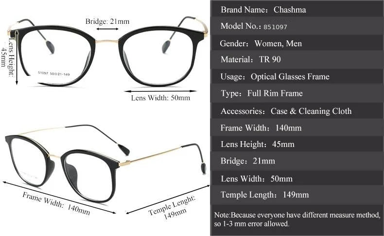 Chashma 851097 Eyeglasses — Frame Dimensions and Sizing Chart