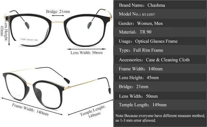Chashma 851097 Eyeglasses — Frame Dimensions and Sizing Chart