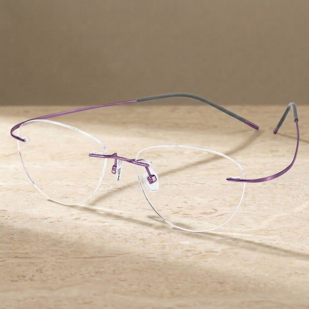 Chashma Women's Rimless Oval Cat Eye Titanium Eyeglasses 881003 - Purple — view 2 | Chashma at FuzWeb