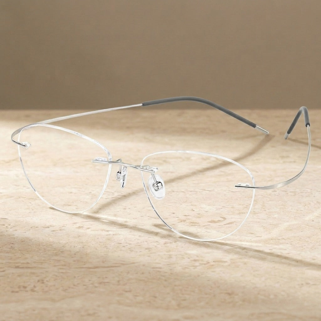 Chashma Women's Rimless Oval Cat Eye Titanium Eyeglasses 881003 - Silver — view 1 | Chashma at FuzWeb
