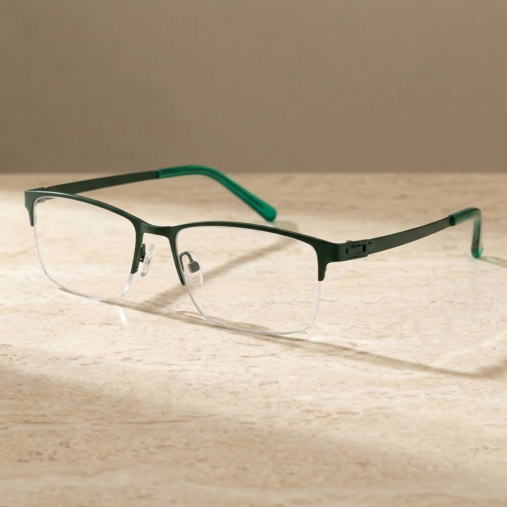 Chashma Men's Semi Rim Square Screwless Titanium Eyeglasses 882347 - Dark Green — view 1 | Chashma at FuzWeb