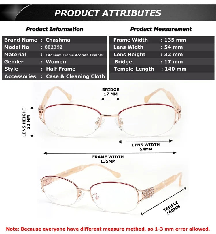 Chashma 882392 Eyeglasses — Frame Dimensions and Sizing Chart