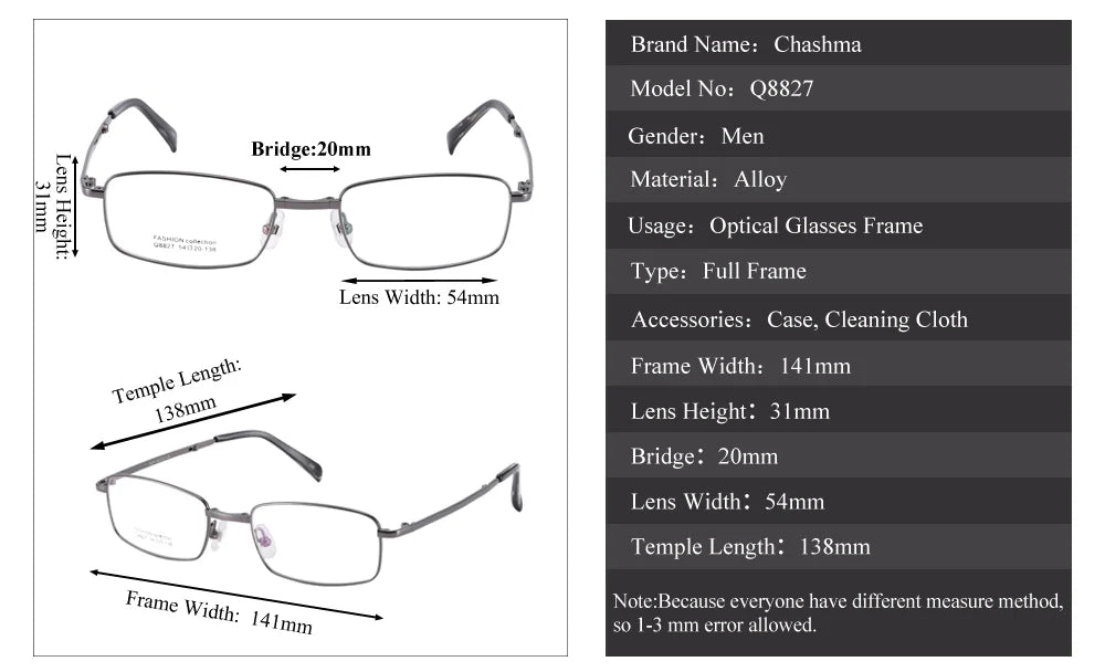 Chashma 8827 Eyeglasses — Frame Dimensions and Sizing Chart